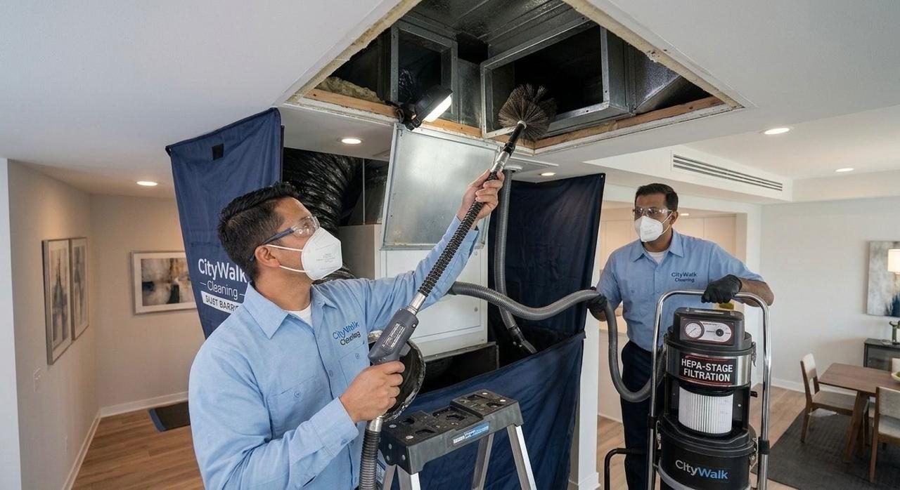 City Walk Cleaning technicians cleaning an AC duct system with HEPA-filtered vacuum equipment