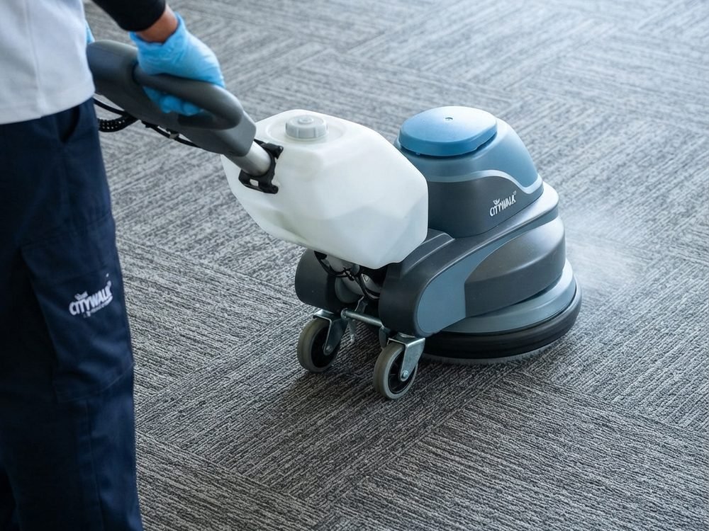 Deep cleaning of an office carpet with a scrubber machine by City Walk Cleaning