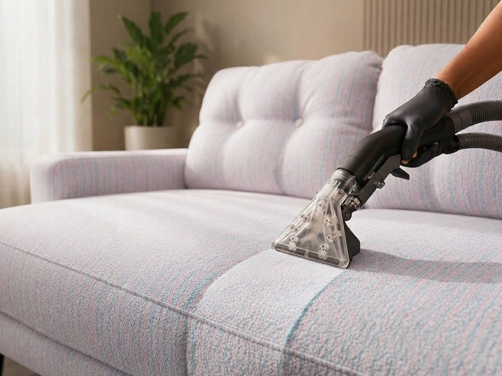 Deep steam cleaning of a fabric sofa by City Walk Cleaning in Dubai