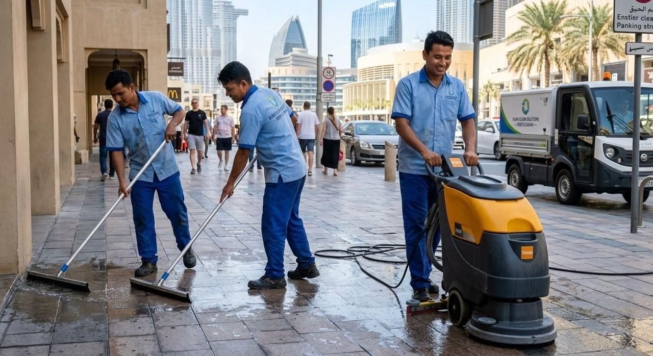 City Walk Cleaning team performing exterior pavement and facade cleaning in Dubai