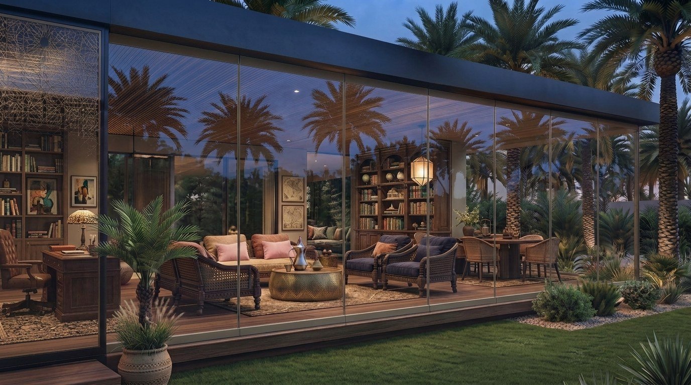 A frameless glass villa in Dubai at dusk, lit from within