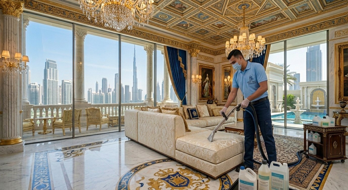 Upholstery cleaning in a Dubai villa, hot-water extraction on a cream sofa